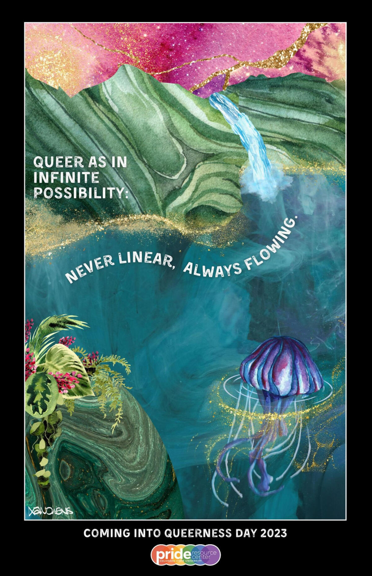 Watercolor poster with green mountains against a pink starry sky. A jellyfish floats in a body of water in foreground. Text: "Queer as in infinite possibility: never linear, always flowing."