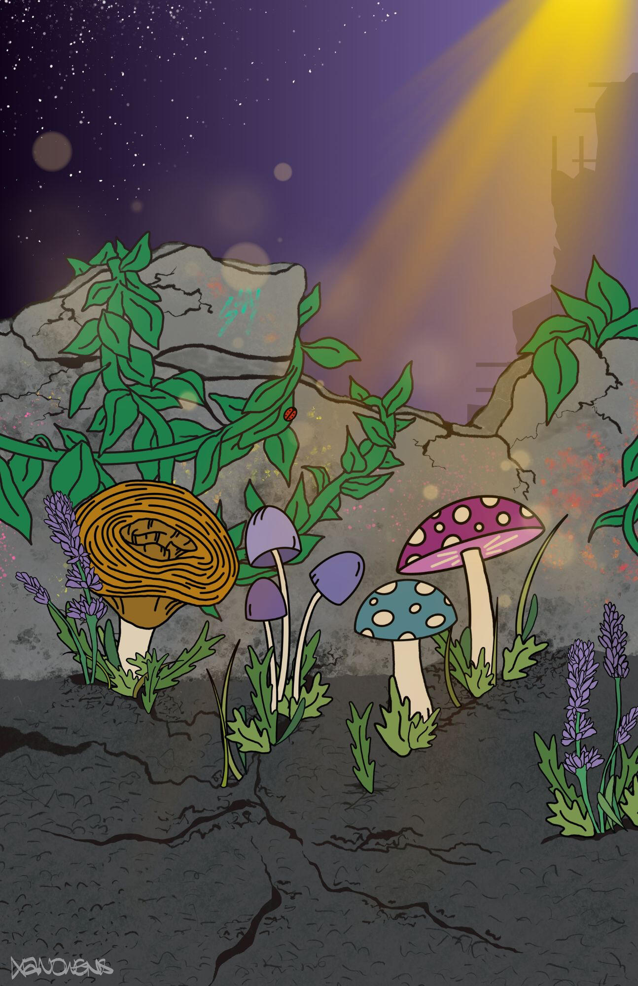 Illustration of mushrooms and other plants stubbornly growing from the cracked asphalt in front of a crumbling concrete wall. A lush green vine climbs over the remains of the wall, and a falling-apart building silhouette is visible in the background. The s