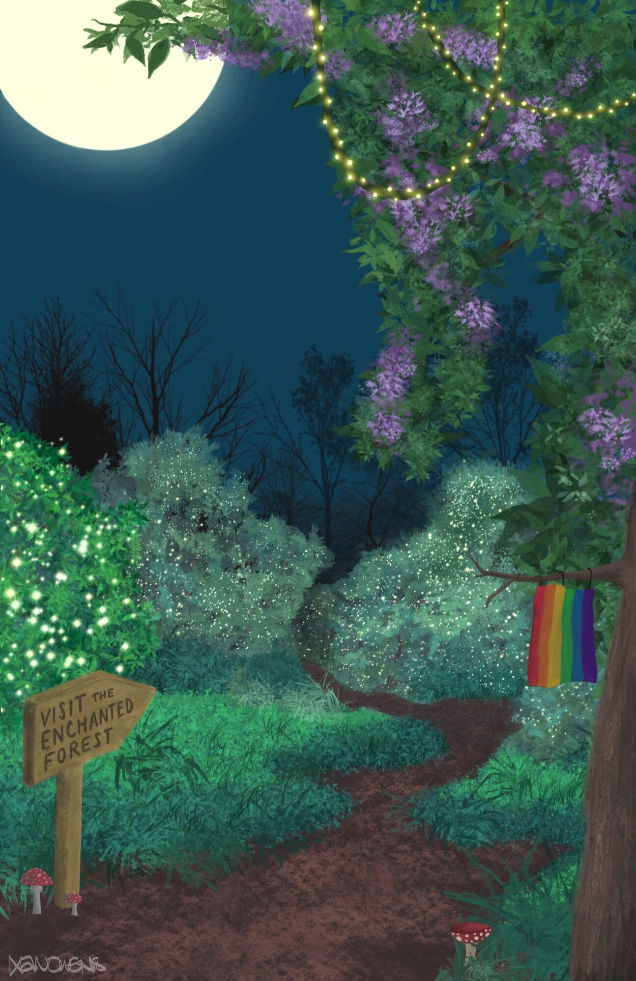 Illustration depicting a path under a moonlit sky. The path leads into a lush forest glowing with fairy lights in all the trees. A tree in the foreground features purple flowers and a pride flag hanging from a branch, and a wooden sign along the path says