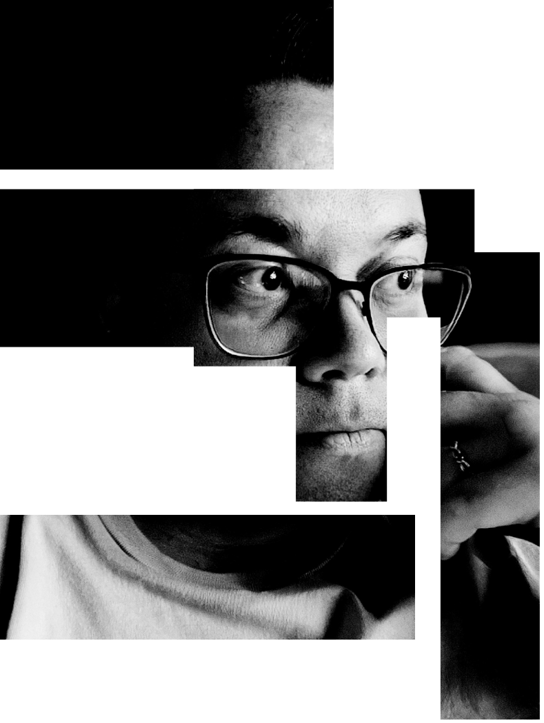 Collage of Xan, a white person with glasses, dark eyes, and brown hair. The collage consists of two photos, one with Xan in masculine presentation with a beard and one with feminine presentation in makeup. The photos are spliced vertically and arranged in