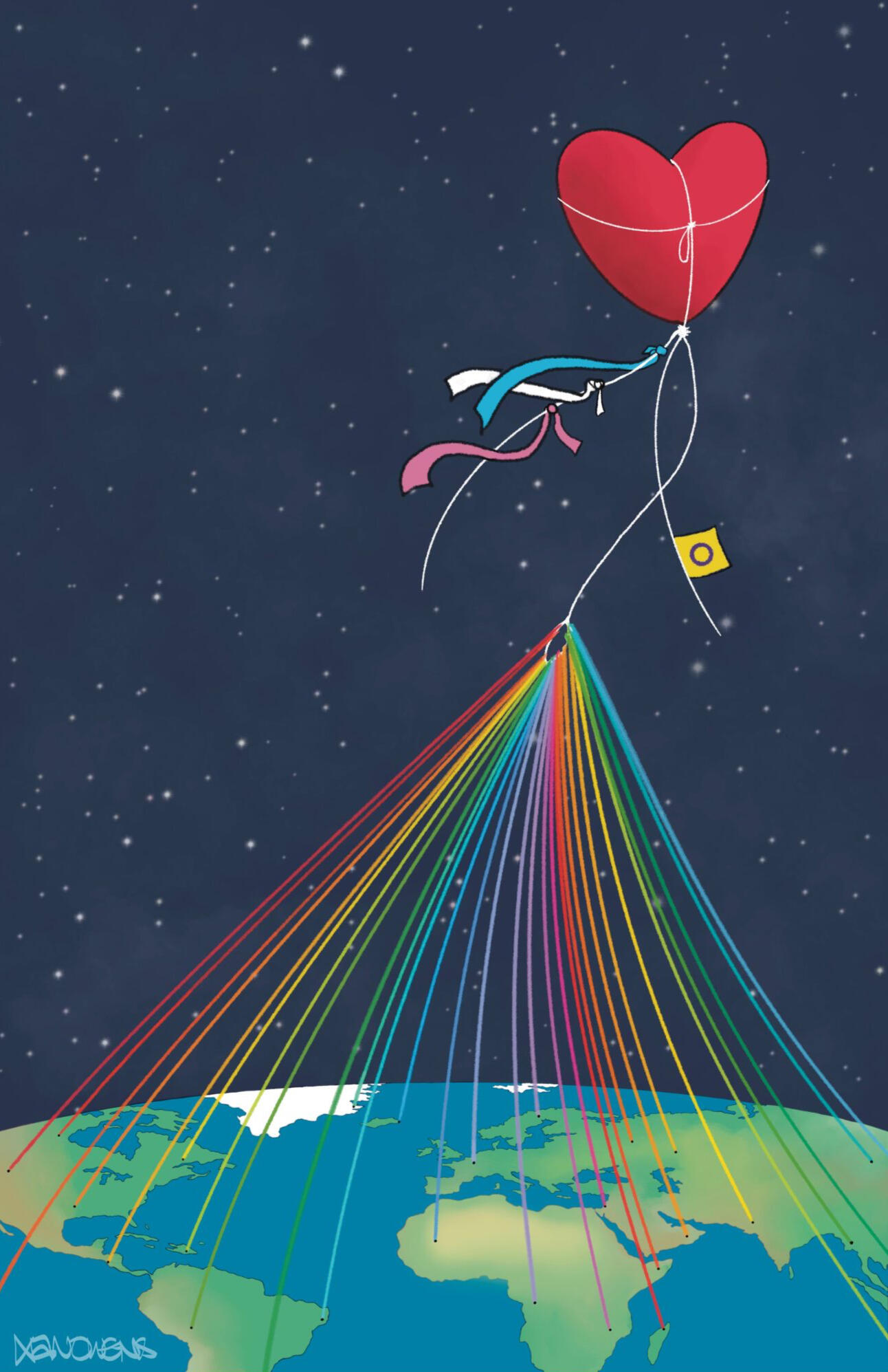 Illustration of a red heart-shaped balloon floating in space, high above Earth. The balloon's string is connected to many other strings in every color of the rainbow, each of which lead to a different spot on Earth's land masses.