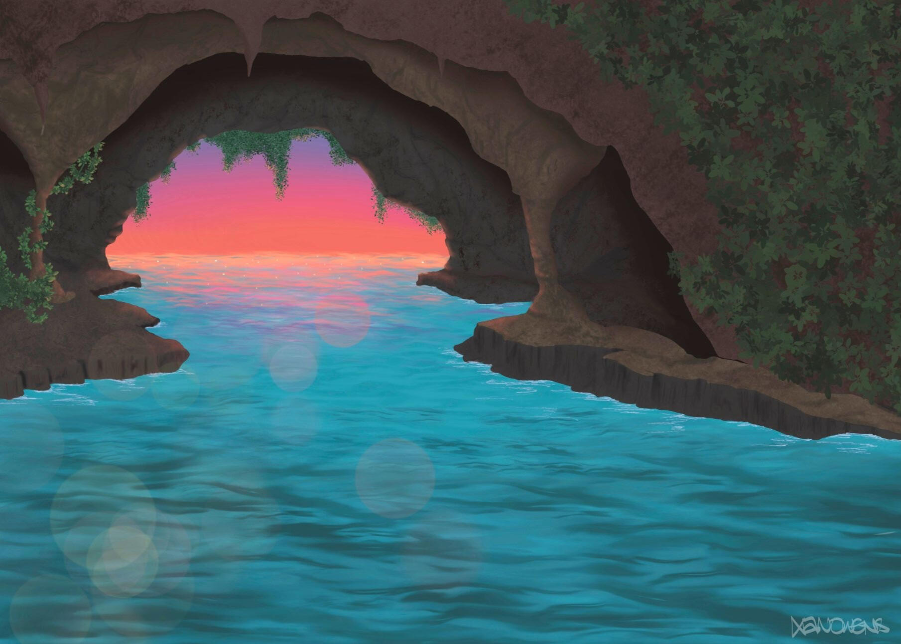 Illustration from the point of view of being inside a cave full of water, looking out at the sunset over the ocean. The inside of the cave is dark, with golden highlights from the sunset that illuminate lush plants growing on the walls.
