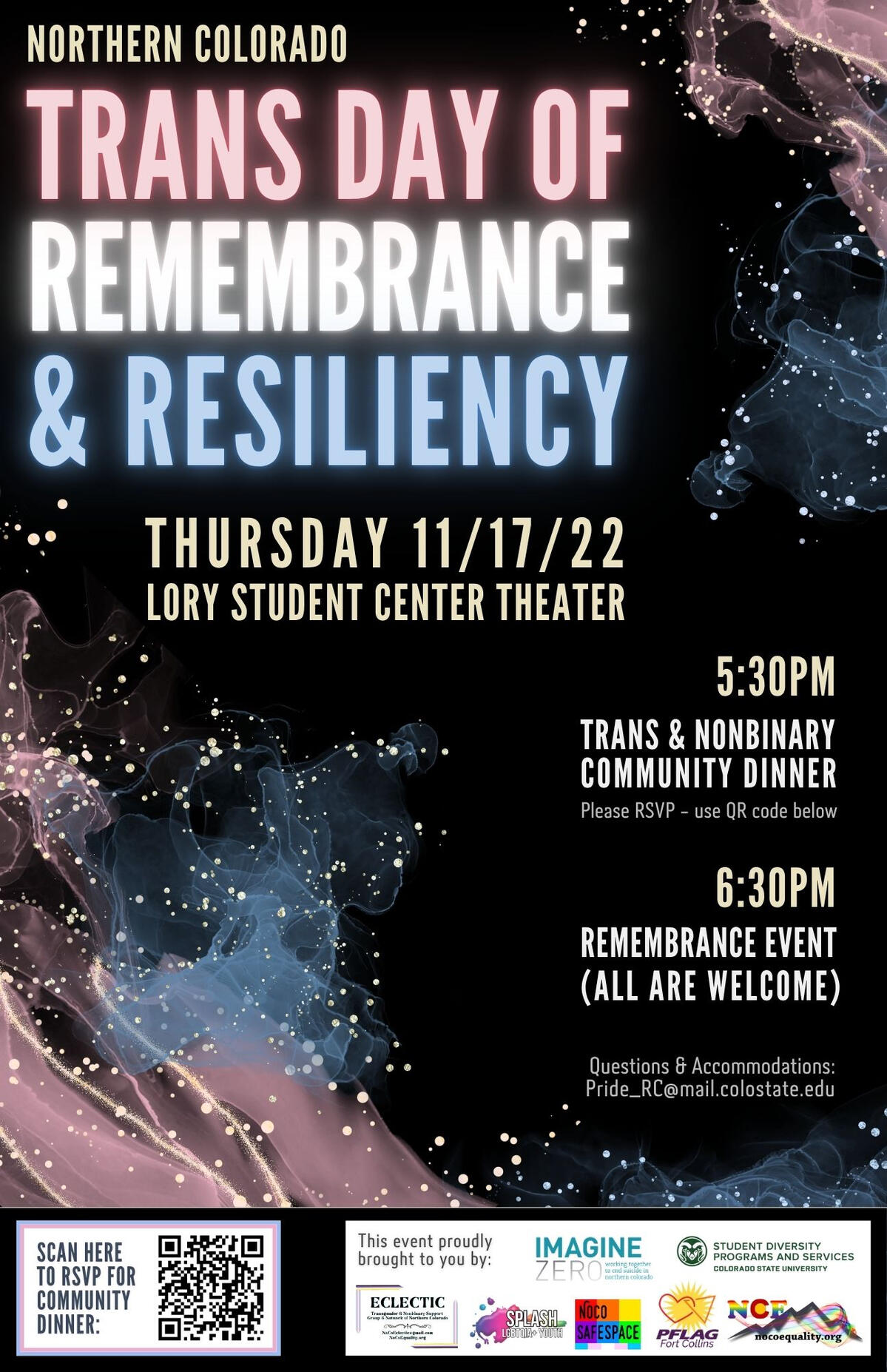 Poster advertising event for Trans Day of Remembrance and Resiliency, 2022. Black background with swirling pink and blue glittering smoke.
