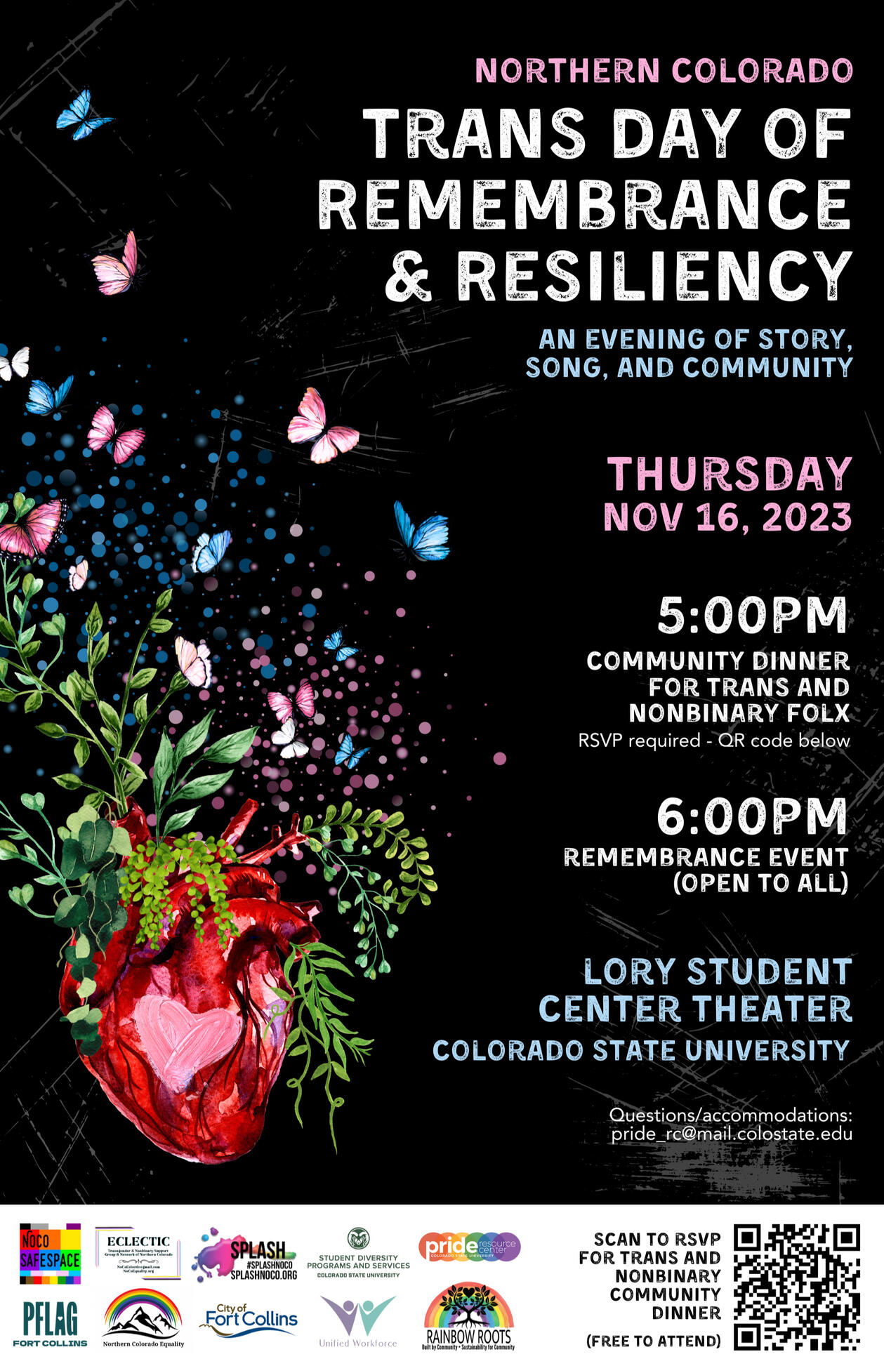 Poster advertising community event for Trans Day of Remembrance & Resiliency, 2023. Black background with pink and blue butterflies emerging from a blooming anatomical heart.