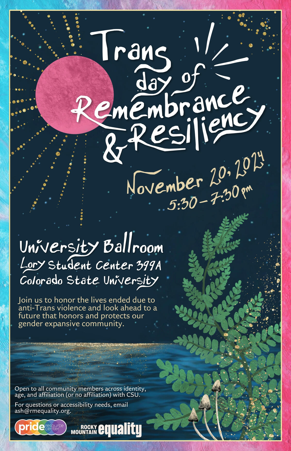 Poster advertising event for Trans Day of Remembrance & Resiliency, 2024. Navy background with pink moon over the ocean. Glittering ferns and mushrooms in foreground..