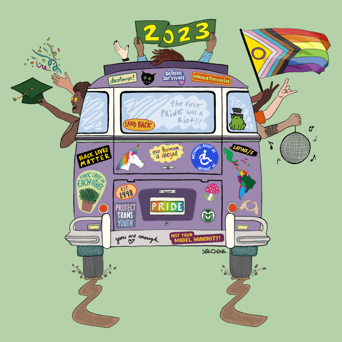 Original illustration of a purple Volkswagen bus covered in social justice stickers, signed by Xan Owens. Stickers read "Black Lives Matter," "Land Back," "Decolonize," "Believe Survivors," "No Human is Illegal," "Protect Trans Youth," "Nothing About Us Wi