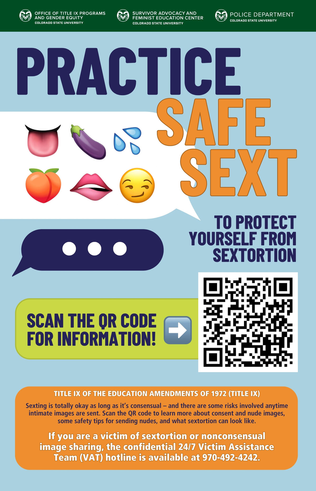 Awareness poster with a light blue background. Features a speech bubble with six emojis (tongue, eggplant, water drops, peach, lips, smirking face) and a dark speech bubble with typing dots below. Text reads: "Practice Safe Sext to protect yourself from se