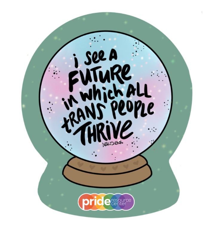 Sticker with illustration of a crystal ball on a sage green background. Inside the crystal ball, swirls of pink and blue appear, along with the words "I see a future in which all trans people thrive."