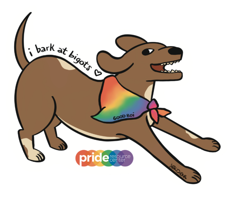 Sticker with illustration of a brown dog wearing a rainbow bandana around its neck. The dog is in play pose with their chest to the ground, and their mouth is open and joyful. The words "I bark at bigots" are written along the slope of the dog's back.