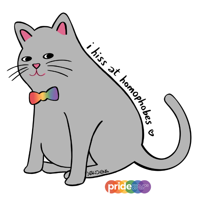 Sticker with illustration of a gray cat wearing a rainbow bowtie. The cat is sitting down and has a sly expression on their face. The words "I hiss at homophobes" are written along the slope of the cat's back.